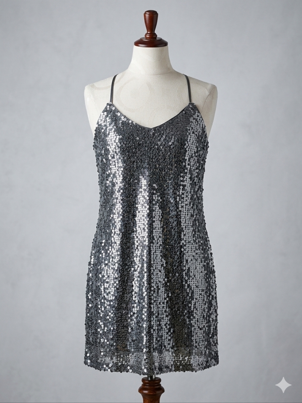 Express Silver Sequin Slip Dress - Spaghetti Strap Party Dress, Size Small - Picture 1 of 8